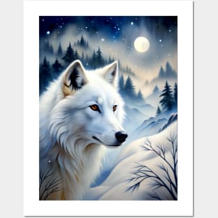 White Wolf Hunting Ground, Winter Mountain Icy Moon, Forest, Galaxy Beautiful gifts Novelty Wild Animal Pattern Fashion Posters and Art